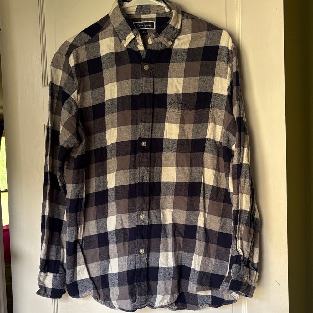 Club Room Men's Plaid Button-Down Shirt in Navy, Brown & Cream